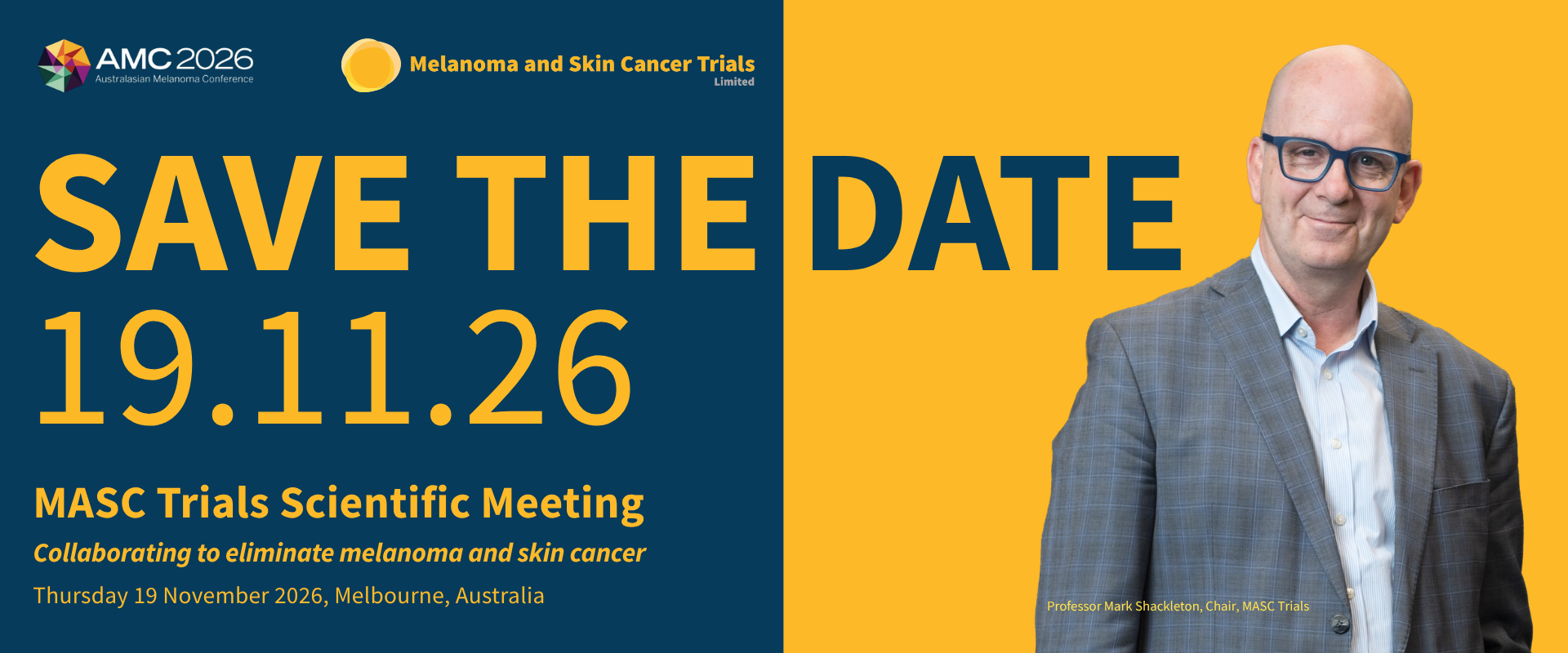 Save the date 19.11.26 for Scientific Meeting. Image with Professor Mark Shackleton